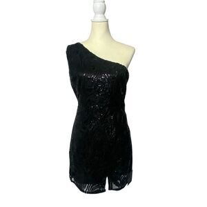 NWT Lulus Black Sequin One Shoulder Mini Dress W/ Front Slit Women's Size Large